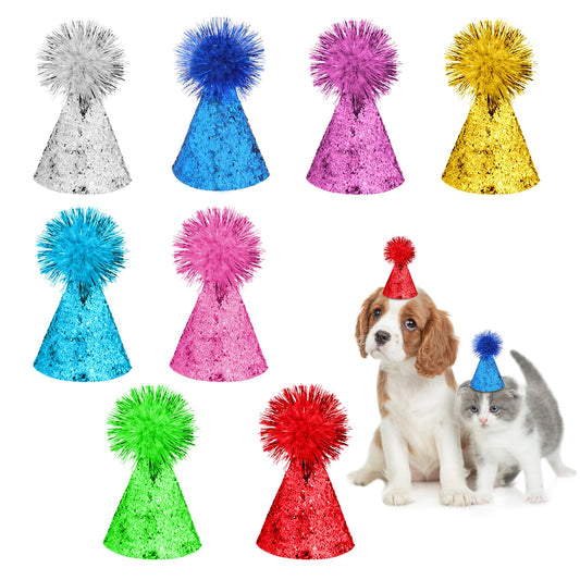 Cat Birthday Hats, 8 PCS Multi-Color Dog Party Hat Mini Birthday Party Hats Cute Cat Party Hat with Pompoms Adjustable Birthday Headbands Hats for Cats Dogs Stuffed Animals Party Costume Accessories