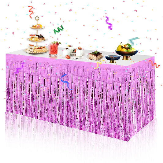 2 Sets Pink Tinsel Table Skirts 29x108 Inch Metallic Foil Fringe Table Skirt for Rectangle Tables Streamer Curtains Backdrop Hotel Banquet for Wedding Birthday Parade Floats Party Decoration