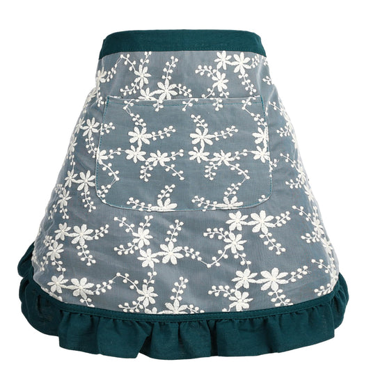 KALIONE Half Apron Lace Apron for Women, Short Waist Lace Apron Cotton Lace Embroidered Aprons with Pockets, Server Waitress Apron for Womens Girls, Yellow Ruffle Apron (Blue)