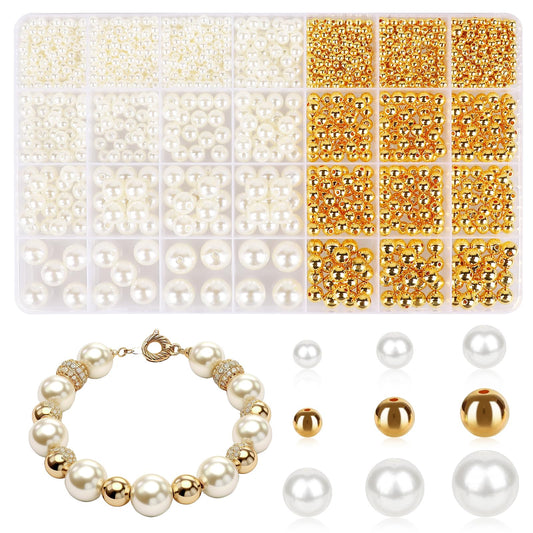 Mozeat Lens Pearls Beads Kit 1947pcs 4/6/8/10/12/14 mm White Gold Polished Loose Beads Making Kit Plastic Round Imitation Pearls for DIY Necklace Earrings Bracelet Jewelry Making Set