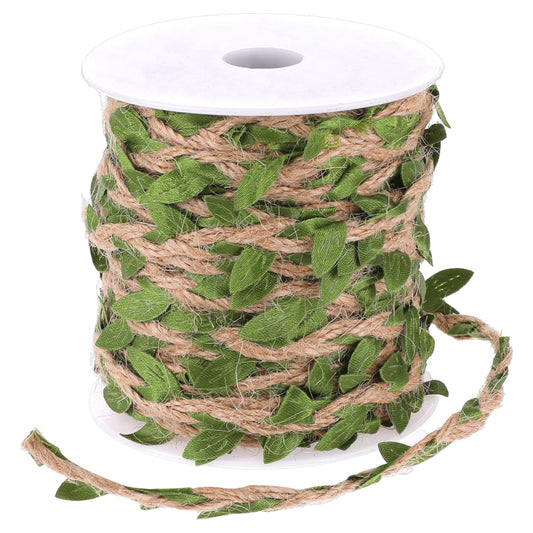 Jute Twine String with Leaves Natural Twine Green Leaf Jute, 66 Feet Burlap Leaf Ribbon, Rope Hemp Ribbon String with Artificial Green Leaves Braided Decorated for Birthday Wedding Garden Home Decor