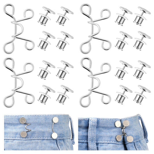 24 Pieces Pant Waist Tightener, Adjustable Waist Buckle Extender Reusable Waistband Tightener No Sewing Required Button Adjuster Detachable Buttons Pins Jean Buttons for Loose Jeans (4 Set,Silver)