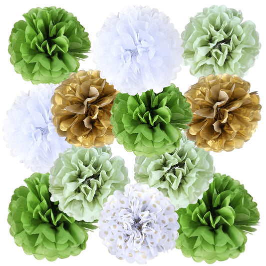 12 Pcs Olive Sage Green Tissue Paper Pom Poms Party Decorations White Gold Flowers Wall Hanging Paper Flowers Dot Tissue Paper Decor Baby Bridal Shower Birthday Wedding Party Decorations