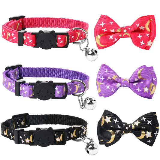 3 Pcs Moon Star Cat Collars Breakaway Cat Collar with Bell and Bow Tie Adjustable Cat Collar Safety Small Pet Collars Cute Kitten Collars with Bell Pendant