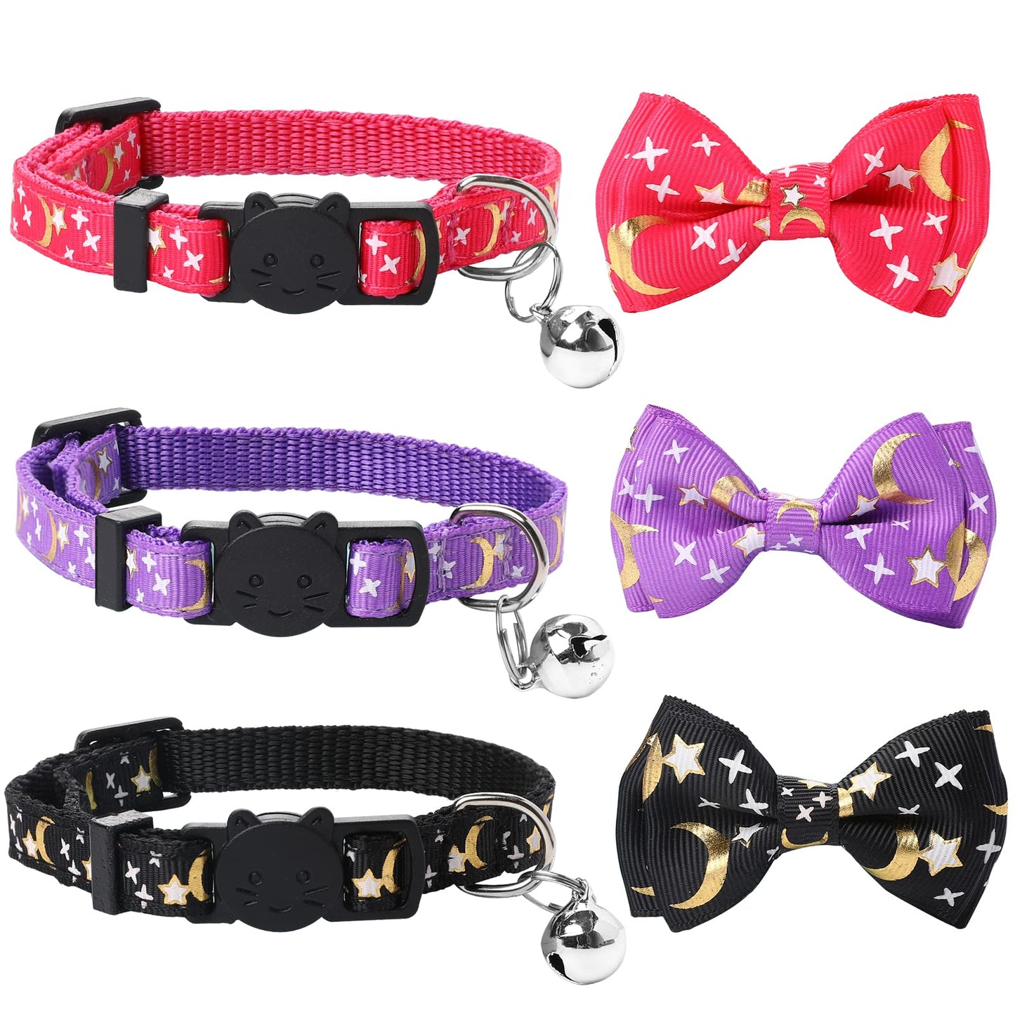 3 Pcs Moon Star Cat Collars Breakaway Cat Collar with Bell and Bow Tie Adjustable Cat Collar Safety Small Pet Collars Cute Kitten Collars with Bell Pendant