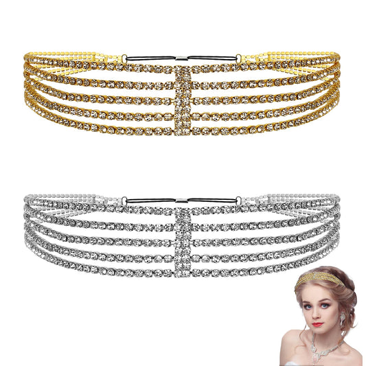 2 Pcs Rhinestone Headbands Crystal Stretch Headband Multi Layered Elastic Headband Stretch Rhinestone Headband Bridal Handmade Headpiece for Women Girls