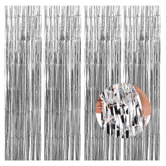 4 Packs Silver Foil Fringe Curtains Streamer Backdrop Curtains 3.3ft X6.6ft Fringe Backdrop Silver Door Fringe Birthday Streamers Photo Booth Backdrop Streamer Curtains for Birthday Party Decorations