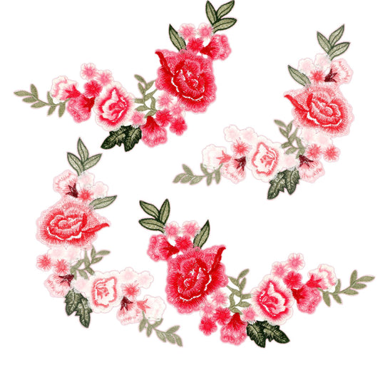 4 Pcs Flower Embroidered Applique Peony Sew on Patches Rose Flower Appliques for Clothing Boho Embroidery Patch Flower for Shirts Jeans Hats Skirts Sweater Repairing Arts Craft Making (Red and Pink)
