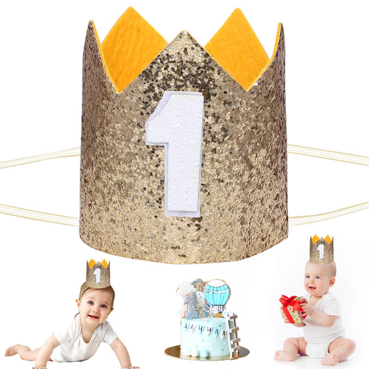 KALIONE Baby Tiara Crown for 1st Birthday Party, Baby First Birthday Glitter Crown,1st Birthday Hat First Birthday Headbands Party Hats for 1st Birthday Photo Booth Props(Gold)