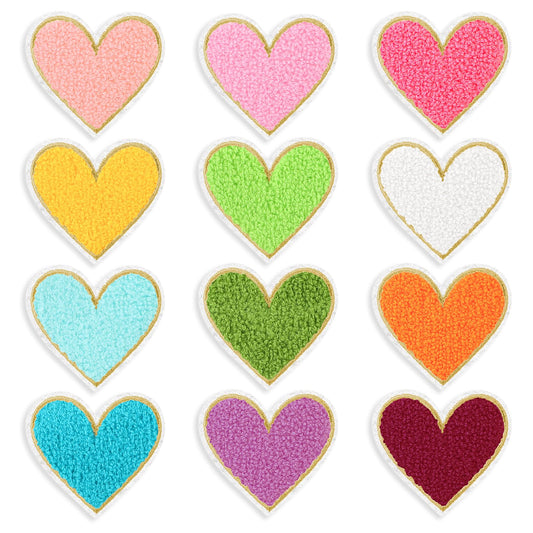 Pack of 12 Heart Iron-On Patches for Clothing, Colourful Embroidered Patches, Heart Embroidered Patches, Iron-On Repair Applique, DIY Decorative Patches for Jeans, Hats, Clothes, Backpacks