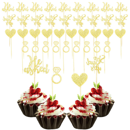 36 Pack He Asked She Said Yes Cupcake Toppers Gold Glitter Love Heart I do Diamond Ring Cupcake Food Picks for Wedding Engagement Bridal Shower Cupcake Toppers Party Cake Decorations Supplies
