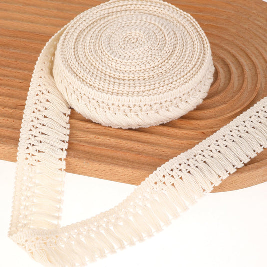 10 Yards 1.5'' Wide Cotton Tassel Fringe Trim Sewing Fringe Trim Boho Long Fringe Trim for Clothes Lamp Shade Curtain Dress Crafts Accessories Home Decor(Beige)