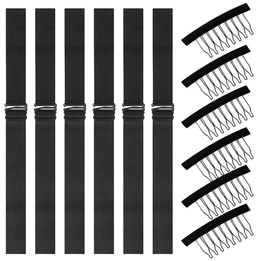 Adjustable Elastic Band For Wigs and Making, Wigs Adjustable Straps 8-teeth Wig Clips Wig Combs for Wigs, Wig Bands Sewing in Wig Adjustable Straps For Wigs And Wig Caps(BLACK * 6PCS)