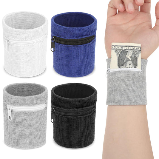 4 Piece Wrist Wallet Wristband Pocket Wrist Sweat Bands with Zipper Wrist Pouch Wallet Sports Sweatband Wallet for Running Walking Hiking Sports Travel Coin Key Card Storage