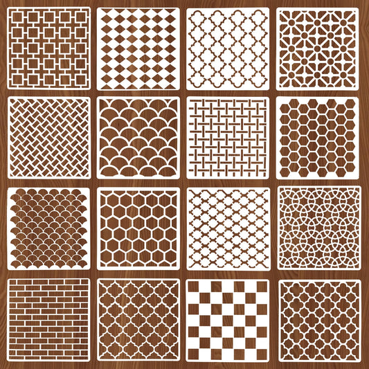 16PCS Geometric Stencils for Painting, 15cm Stencils for Crafts Reusable Abstract Layering Stencil Brick Templates for Wall Furniture Tile Greate Scrapbooking DIY Projects Home Decor Card Making