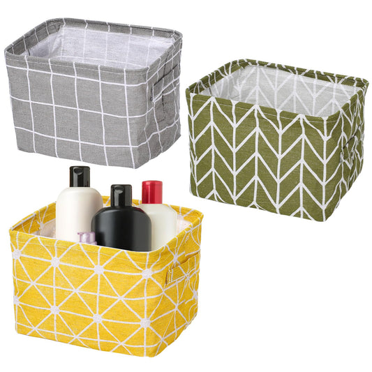 3 Pcs Small Storage Baskets Fabric Storage Boxes Foldable Bathroom Storage Baskets with Handles Shelf Bins for Storage Square Waterproof Household Organizer for Kitchen Bathroom Cupboards