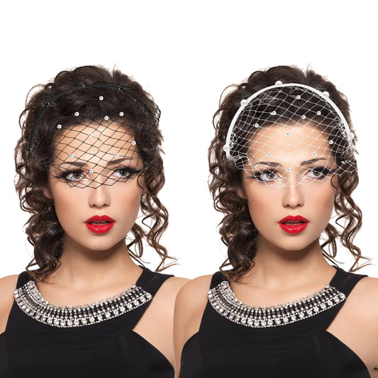 KALIONE 2 Pcs Mesh Veil Headband 1920s Fascinators Hats Bridal Veil Headband for Women Wedding Tea Party(White&Black)