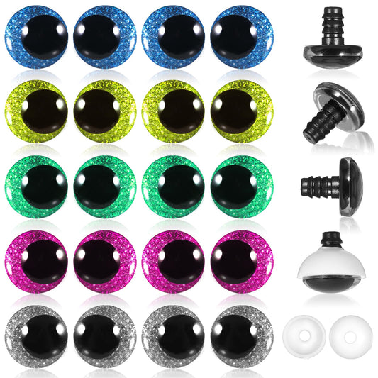 20PCS 3D Glitter Safety Eyes and Washers for Amigurumi Crochet 15mm Colored Crochet Eyes Large Strabismus Safety Eyes Plastic Craft Eyes Crochet Accessories for DIY Making of Bear Crafts Doll