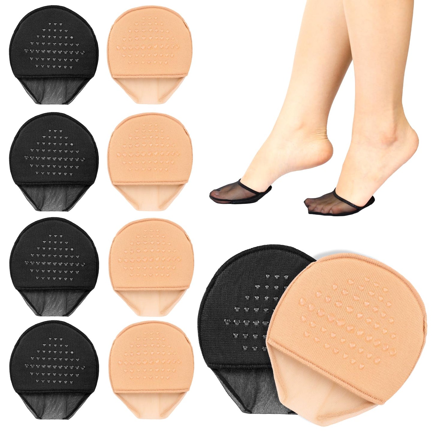 Toe Socks for Women, 10 Pairs Half Socks with Padding Cushion, Reusable Invisible Socks, Toe Protectors for Women, Forefoot Pads for Women, Non-Slip Ball of Foot Cushion Pads Socks for High Heels