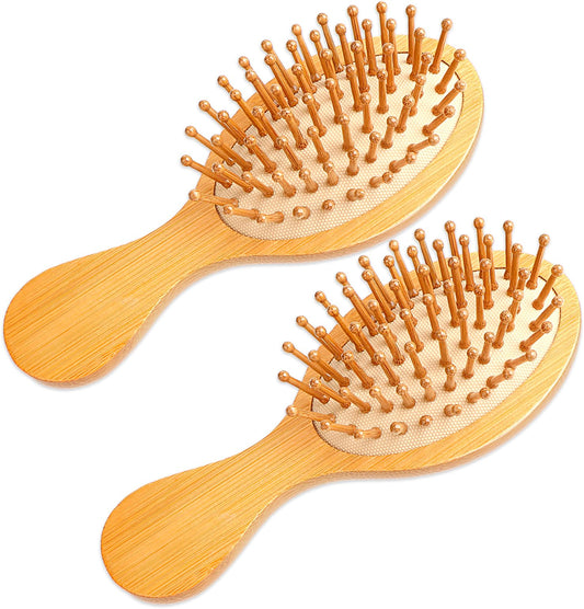 Bamboo Hair Brush, 2 Pcs Natural Wooden Hair Brush Hair Growth Comb Portable Travel Size Detangling Hair Brush Scalp Massager Brush for Women Men All Hair Types Thick Thin Curly Straight Wet Dry Hair