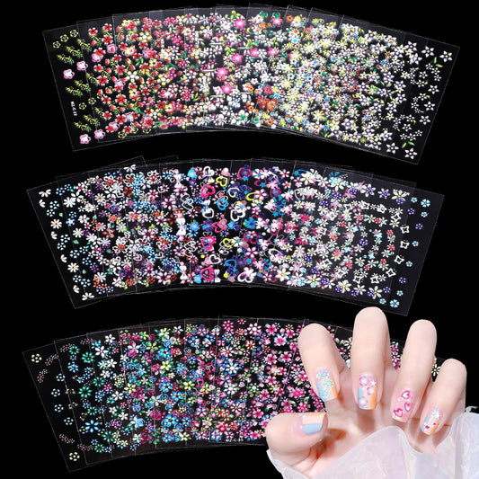 Flower Nail Stickers, 30 Sheets Cute Colorful Nail Art Stickers 3D Self-Adhesive Floral Nail Decals Heart Nail Design Stickers Nail Art Decoration Supplies for Women Girls DIY Manicure Accessories