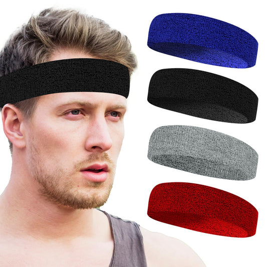 4Pcs Sweatbands Sport Headbands for Men & Women Headbands for Men Terry Cloth Sweat Band for Tennis, Basketball, Working Out, Running, Working, Gym(black, gray, blue, red)