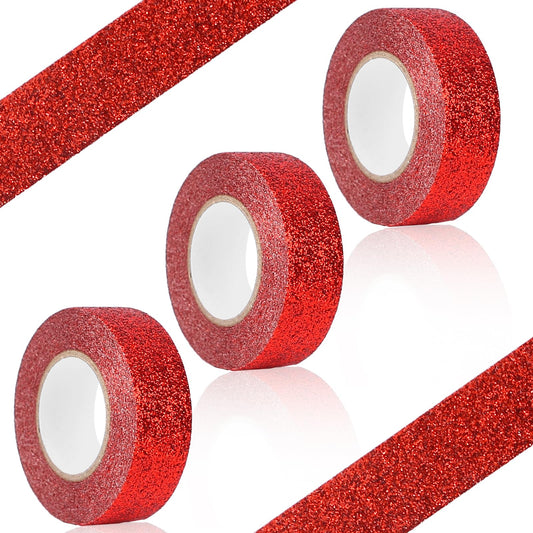 Glitter Washi Tape 3 Rolls Sparkling Decorative Tapes Red Glitter Washi Tape Craft Self Adhesive Masking Tape Stick on Sticky Glitter Trim for Craft, Kids, Scrapbook, DIY, Gift Wrapping, 15mm