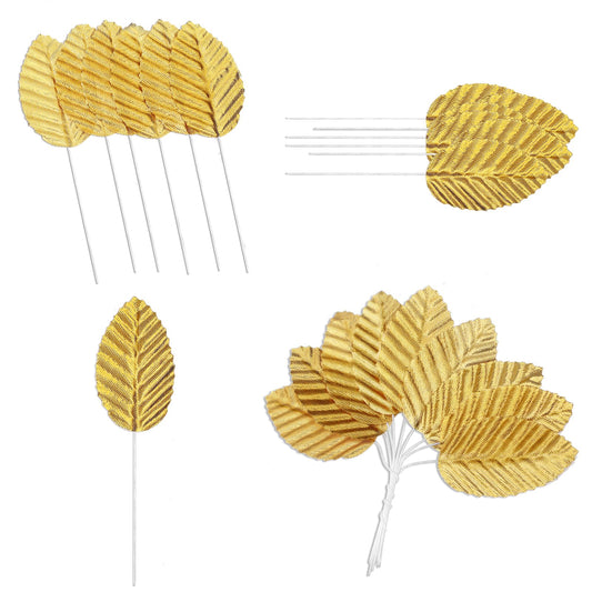 200 Pcs Artificial Leaves Silk Leaf Faux Wired Single Leaf Golden Leaves with Stems Crafts Leaves for Flower Bouquet Wreaths DIY Home Wedding Party Decor(Gold)