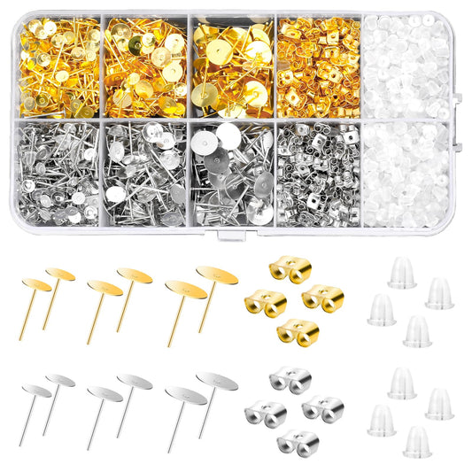 KALIONE 2000Pcs Earring Making kit, Earring Posts and Backs, Gold & Silver Earring Posts for Jewelry Making, Earring Stud Earring Posts Earring Backs Making Kit, Earring Making Supplies