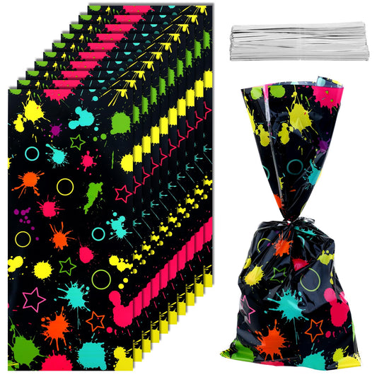 Mozeat Lens 100 PCS Plastic Goodies Bag Colorful Small Gift Bags Party Treat Bags Neon Party Supplies with Twist Ties for Birthday Party Decor