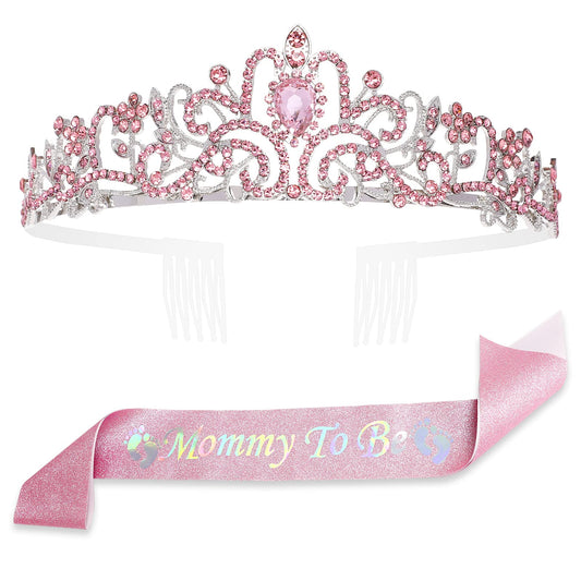 Mom to Be Baby Shower Decorations Rhinestone Crown Headband Baby Shower Sash Party Neutral Unisex Baby Shower Decoration for Pregnant Mommy, Pink