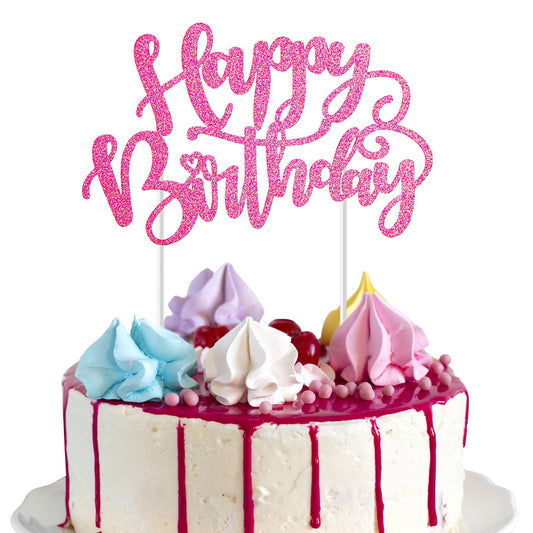 Happy Birthday Cake Topper Pink Birthday Sign Pink Cake Decorations Glitter Cake Topper Supplies Happy Birthday Cake Pick Pink Party Cake Decorations Supplies for Birthday and Anniversary