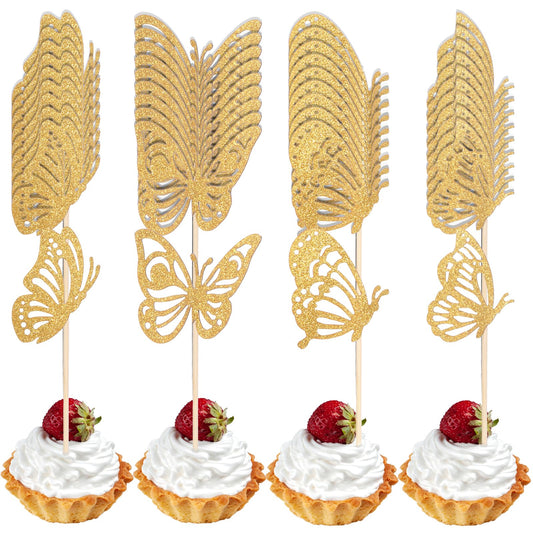 40 Pack Butterfly Cupcake Toppers Gold Glitter Assembled Mixed Styles Flying Butterfly Cake Topper Decorations Picks for Wedding Engagement Bridal Shower Birthday Party Cake Decorations Supplies