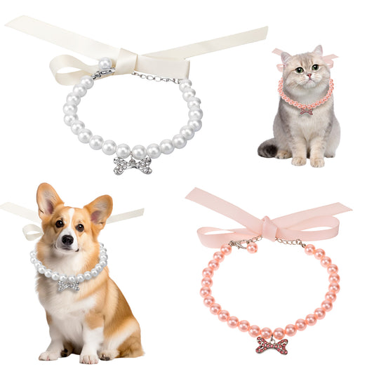 Psyqtsuary Small Dog Cat Pearl Collars and Pearl Necklace Set Fancy Cat Wedding Collar Jewelry with Bling Rhinestones for Girl Cat Puppy Wedding Birthday Accessories Dogs Kitten Party, Pink, white