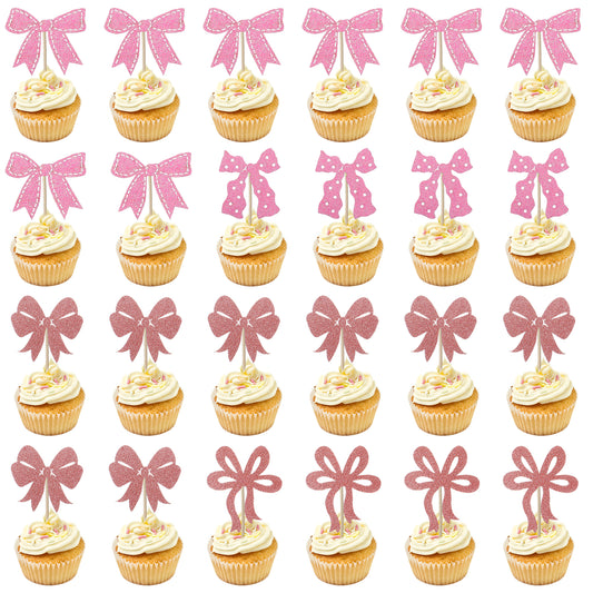 24 Pcs Pink Bow Cupcake Toppers - Bowknot Cupcake Decorations for Bow Themed Parties, Birthday Parties, Bridal Showers, Baby Showers, Girls' Birthdays, Weddings, and Cake Decorations