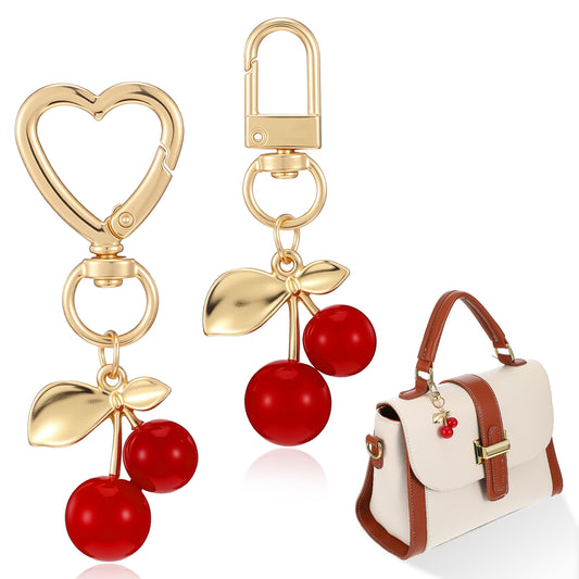 FdcZeyxior 2 Pcs Cherry Keychain Charms, Cute Red Cherry Design Keyring, Sparkling Resin Metal Cherries Keychains, Stylish Fruit Keychain Pendant for Women Bags Purses Backpacks Accessory