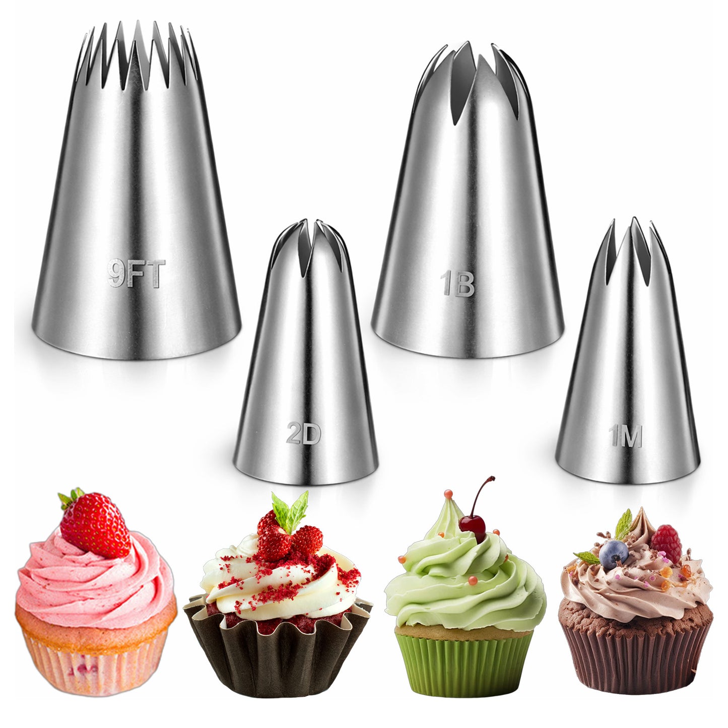 4Pcs Piping Nozzle Set for Cake Decorating, 9FT 1B 2D 1M Stainless Steel Piping Nozzles for Cupcake Cake Pastry