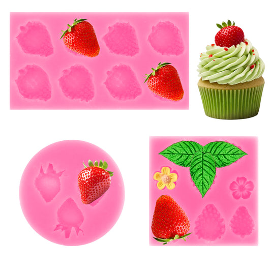 3pcs Strawberry and Flowers Silicone Mold, 3D Candle Molds for Candle Making, Strawberry Baking Mold, Fondant Mold for DIY Topper Decorating, Fruit Shape Pastry Mold for Cupcake Wax Chocolate