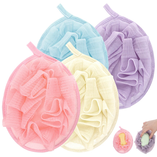 4 PCS Bath Pouf, Travel Size Loofah Exfoliating Bath Sponges Body Sponges for Shower Shower Sponge with Elastic Hand Strap for Women Men Gentle Skin Cleansing Body Wash Pink, Blue, White, Purple