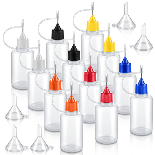 Skrfren 12 PCS Precision Tip Applicator Bottles, 30ml Needle Tip Squeeze Bottles with 5 Funnel, Plastic Glue Bottle DIY Art Supplies for Quilling Craft & Acrylic Painting Glue Ink (6 Colors)