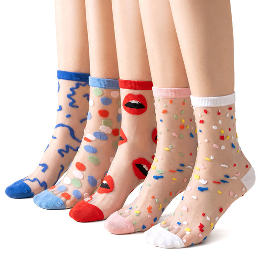 FdcZeyxior 5 Pairs Mesh Socks for Women, Summer Thin Sheer Crew Socks