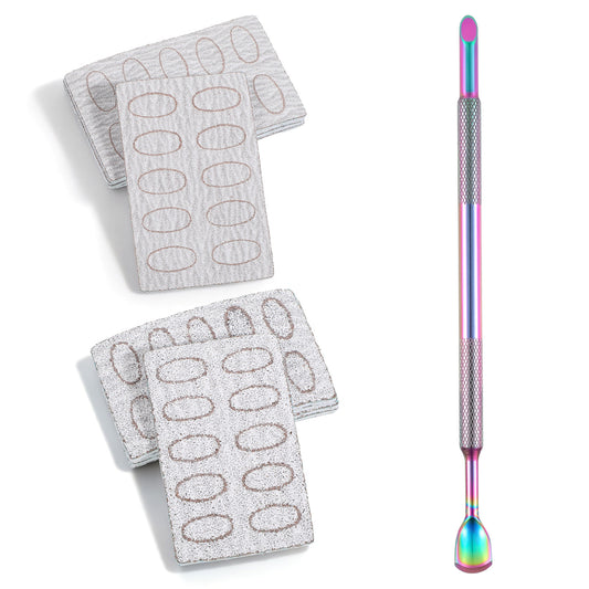 Cuticle Pushers Dual Ended Cuticle Scraper Pre-Treatment Cuticles Remover Tool with 100#/240# Grit Sandpaper Sheets CuticleNail Tool for Salon & Home Use