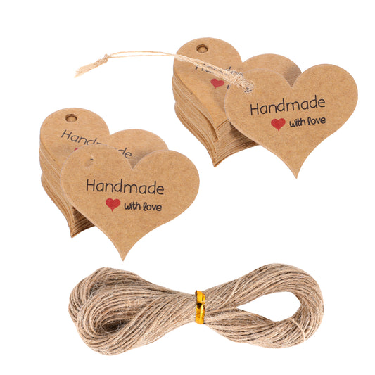 100pcs Handmade Gift Tags Heart-Shaped Mini Gift Paper Tags with 66 ft String Brown Gifts Labels with Natural Jute Twin Natural Jute Twin Home Made Crafts Wedding Favors Birthday Party Gifts