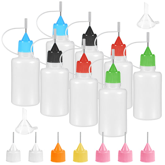 Qulkws 8Pcs Precision Tip Applicator Bottle with 2 Mini Funnel and 14 Multicolor Lids, 30ML/1 OZ Needle Tip Glue Bottles, Glue Dispenser for DIY Quilling Paper Craft Painting