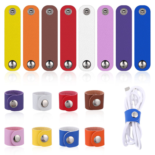 16 Pcs Leather Cord Organizer Reusable Cable Straps Colorful Cord Wraps for Charging Cord PU Leather Cord Keeper Multipurpose Cable Ties Earphone Cord Holder Travel Cord Organizer with Snap