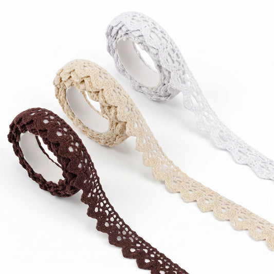 3 Rolls Self-Adhesive Lace Tape, Cotton Washi Trim Stickers, 1.6cm Wide 2 Yards per Roll, Decorative Lace Ribbon for DIY Crafts Scrapbooking Card Making Gift Wrapping (Beige, White, Coffee)