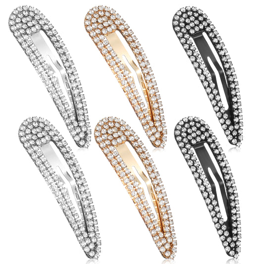 6PCS Rhinestone Hair Clips, Water Drop Crystal Hair Barrettes, Bling Metal Snap Duckbill Hairpins for Women Girls, Gold Silver Black, Party Wedding Prom Hairs Accessories