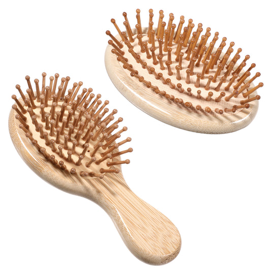 2 Pcs Bamboo Hair Brush, Mini Wooden Scalp Massager Paddle Detangling Brush, Round Natural Bamboo Air Cushion Comb for Women Men, Travel Portable Hairbrush for All Hair Types Wet/Dry/Curly/Thin Hairs