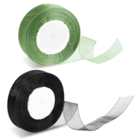 1 Inch Sheer Organza Ribbon 100 Yards Sage Green and Black Chiffon Ribbon for Gift Wrapping Sheer Chiffon Ribbon for Bouquets Wedding DIY Craft Flower Basket Bows (Green and Black)