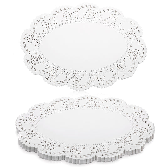 Sliverdew 200 Pcs Lace Paper Doilies Oval 7.5 x10 Inch White Lace Doily Disposable Round Paper Doilies for Buffet Cake Fried Food Party Wedding Valentine's Day Tableware Decoration